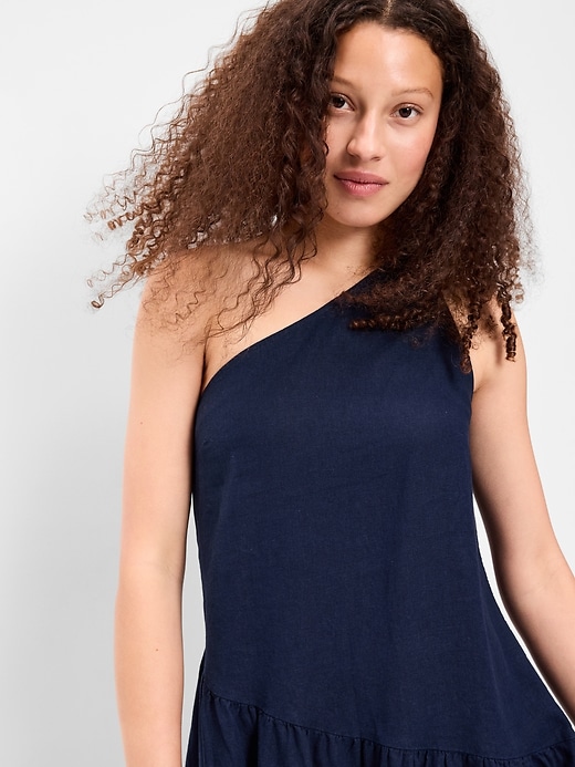 Image number 4 showing, One-Shoulder Asymmetrical Linen-Blend Mini Dress
