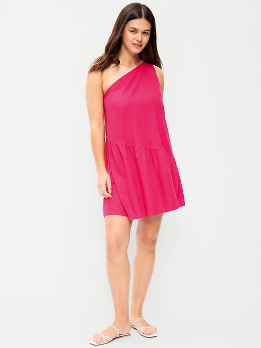 Image number 6 showing, One-Shoulder Asymmetrical Linen-Blend Mini Dress