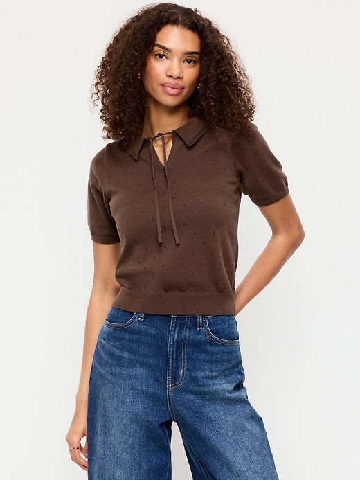 Image number 1 showing, Tie-Front Seaside Cotton Pointelle Cropped Polo