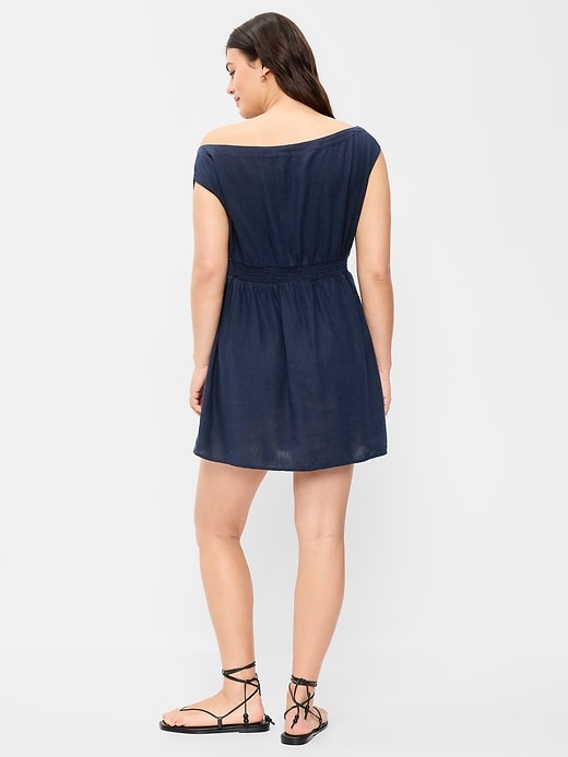 Image number 7 showing, Asymmetrical Shoulder Linen-Blend Mini Dress