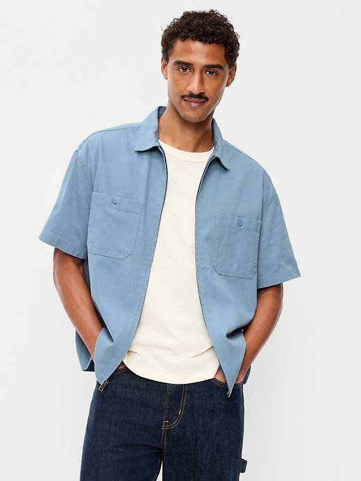 Image number 1 showing, Loose Full-Zip Herringbone Workwear Shirt