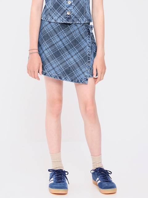 Wrap-Front Plaid Denim Skort for Girls