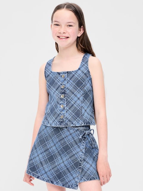 Button-Front Plaid Denim Tank Top for Girls