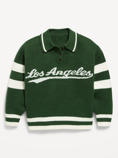 Oversized Long-Sleeve Rugby Polo Sweater for Girls
