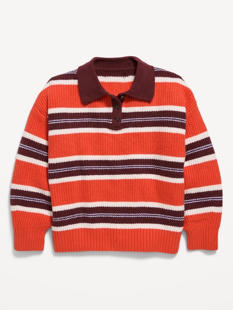 Oversized Long-Sleeve Rugby Polo Sweater for Girls