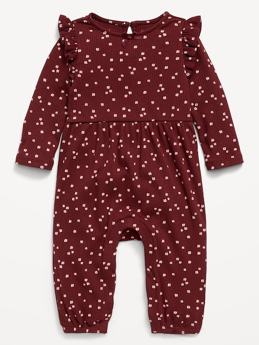 Image number 1 showing, Printed Long-Sleeve Ribbed Ruffle-Trim Jumpsuit for Baby