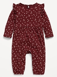 Image number 1 showing, Printed Long-Sleeve Ribbed Ruffle-Trim Jumpsuit for Baby