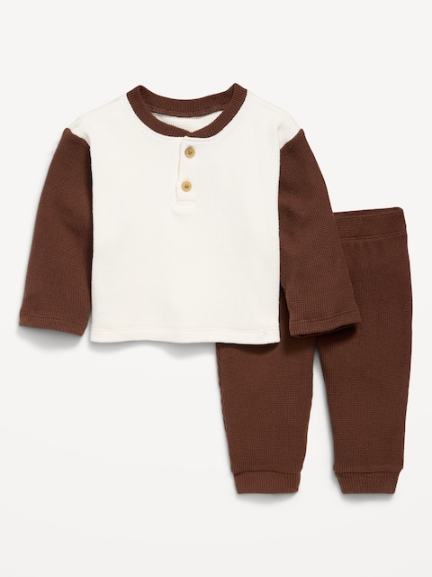 Long-Sleeve Waffle-Knit Henley Top and Pants Set for Baby
