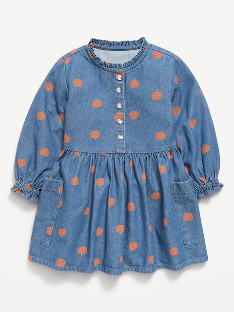 Printed Chambray Pocket Shirt Dress for Toddler Girls
