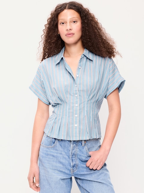 Slim Short-Sleeve Cinched-Waist Button-Down Shirt