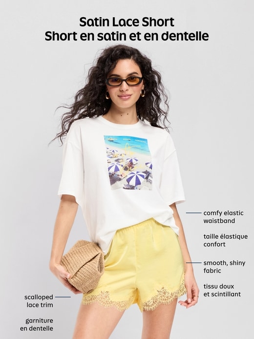 Image number 9 showing, High-Waisted Lace-Trim Satin Shorts