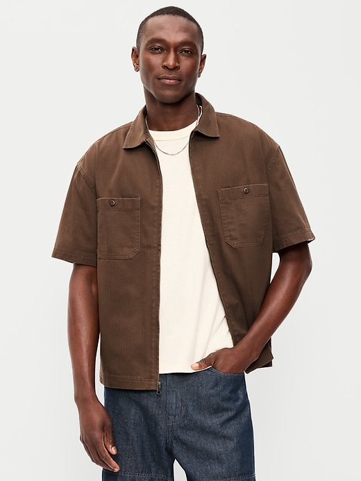 Image number 1 showing, Loose Full-Zip Herringbone Workwear Shirt