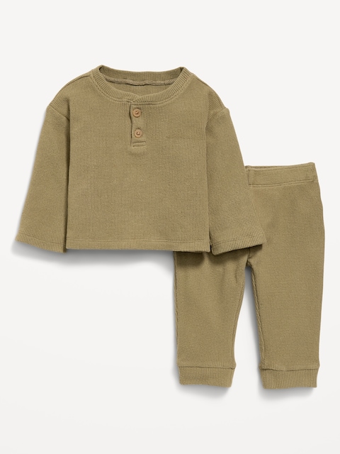 Long-Sleeve Waffle-Knit Henley Top and Pants Set for Baby