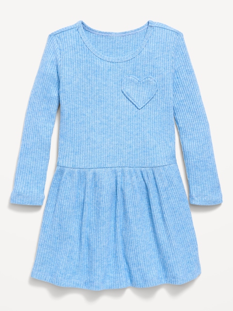 Long-Sleeve Ribbed Heart Pocket Dress for Toddler Girls