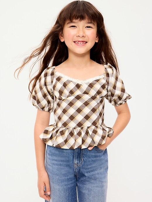 Image number 1 showing, Fitted Short Puff-Sleeve Crinkled Plaid Top for Girls