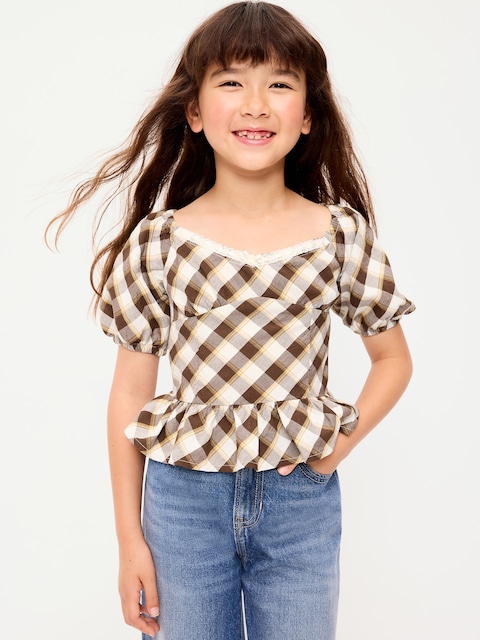Fitted Short Puff-Sleeve Crinkled Plaid Top for Girls