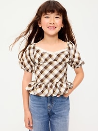 Image number 1 showing, Fitted Short Puff-Sleeve Crinkled Plaid Top for Girls