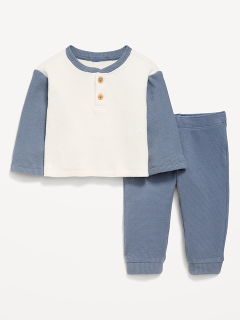 Long-Sleeve Waffle-Knit Henley Top and Pants Set for Baby