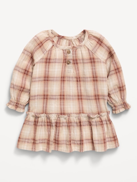 Long-Sleeve Plaid Ruffled Swing Dress for Baby