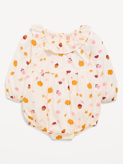 Image number 1 showing, Printed Long-Sleeve Ruffle-Trim Romper for Baby
