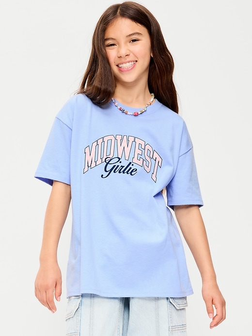 L'image numéro 1 présente T-shirt long surdimensionné à manches courtes à imprimé pour fille