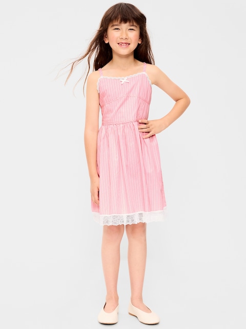 Sleeveless Fit and Flare Striped Lace-Trim Dress for Girls