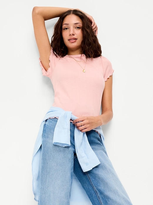 Image number 1 showing, Lettuce-Edge Pointelle Top
