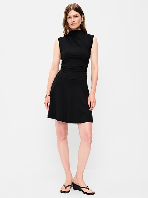 Image number 1 showing, Gathered Mock-Neck Drop-Waist Mini Dress