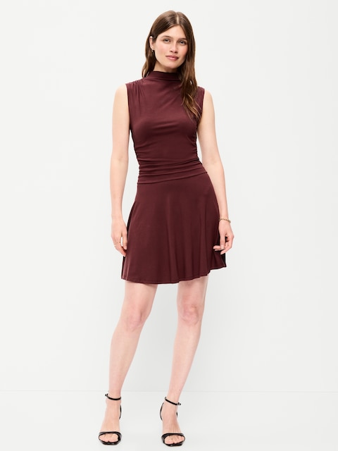 Gathered Mock-Neck Drop-Waist Mini Dress