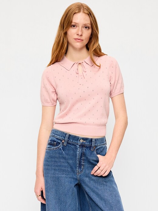 Image number 1 showing, Tie-Front Seaside Cotton Pointelle Cropped Polo