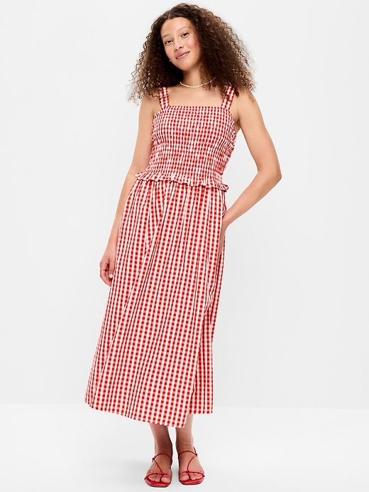 L'image numéro 1 présente Robe mi-longue ajustée et évasée à corsage smocké