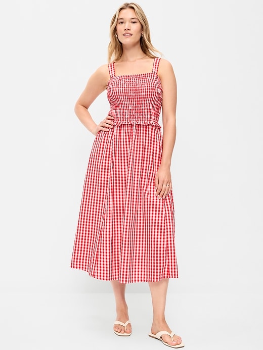 L'image numéro 7 présente Robe mi-longue ajustée et évasée à corsage smocké