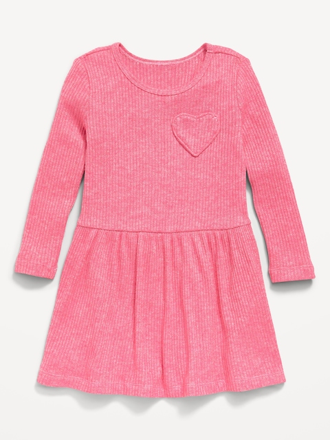 Long-Sleeve Ribbed Heart Pocket Dress for Toddler Girls