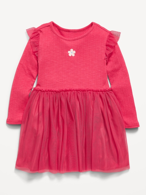 Long-Sleeve Ribbed Fit and Flare Tutu Dress for Toddler Girls