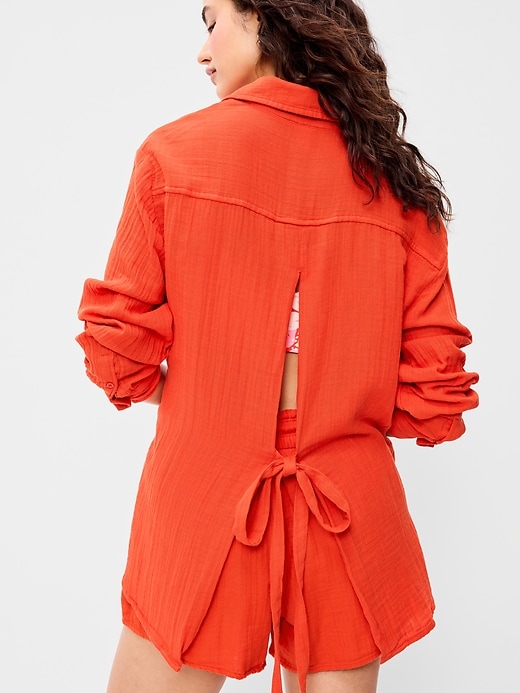 Image number 4 showing, Open-Back Crinkle Gauze Button-Down Shirt