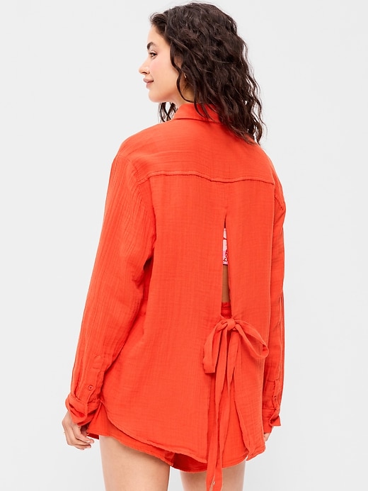 Image number 2 showing, Open-Back Crinkle Gauze Button-Down Shirt
