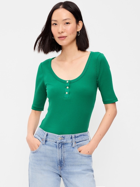 Scoop-Neck Fitted Henley Top