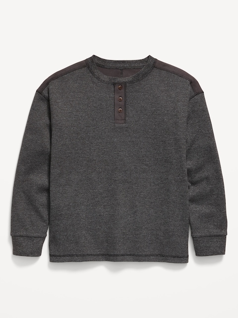Oversized Long-Sleeve Waffle Knit Henley T-Shirt for Boys