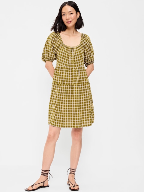 Puff-Sleeve Smocked Mini Swing Dress
