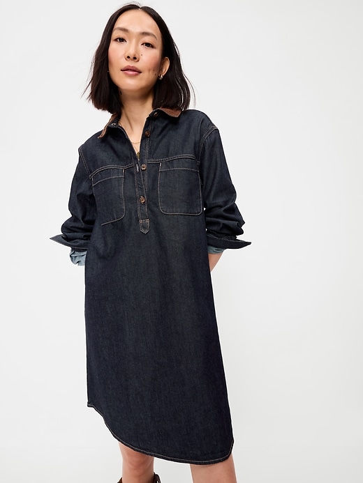 Image number 3 showing, Long-Sleeve Denim Mini Shirt Dress