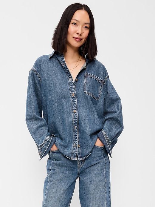 Image number 1 showing, Oversized Boyfriend Button-Down Jean Shirt