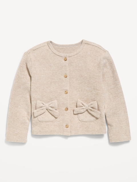 Cozy Ribbed Bow-Pocket Cardigan Sweater for Toddler Girls