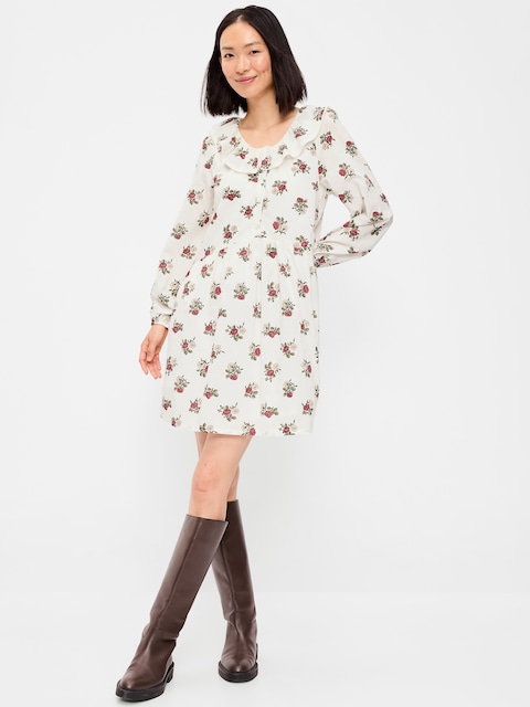 Long-Sleeve Ruffle-Collar Swing Mini Dress