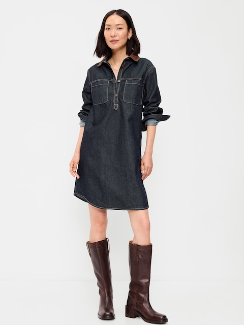 Long-Sleeve Denim Mini Shirt Dress