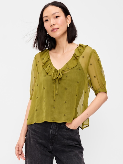 Sheer Ruffle Collar Tie-Front Chiffon Top