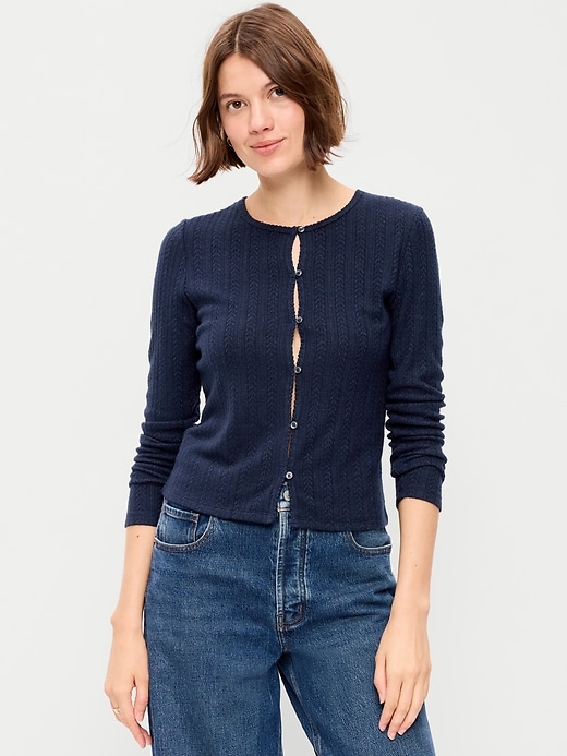 Image number 1 showing, Long-Sleeve Button-Front Pointelle Top