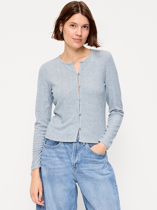 Image number 1 showing, Long-Sleeve Button-Front Pointelle Top