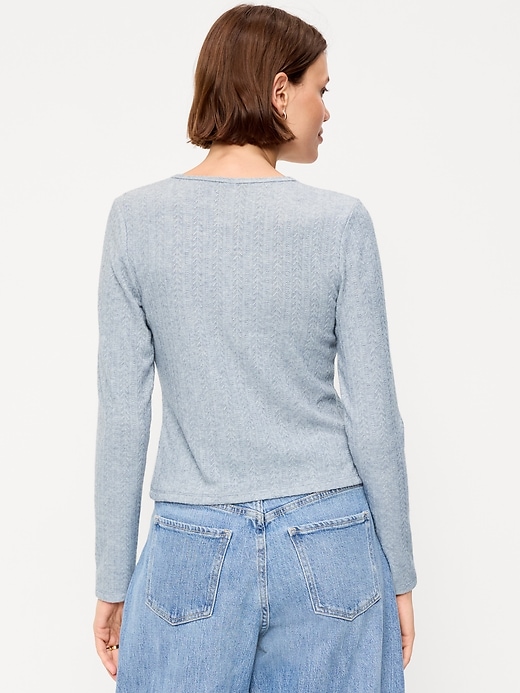 Image number 2 showing, Long-Sleeve Button-Front Pointelle Top