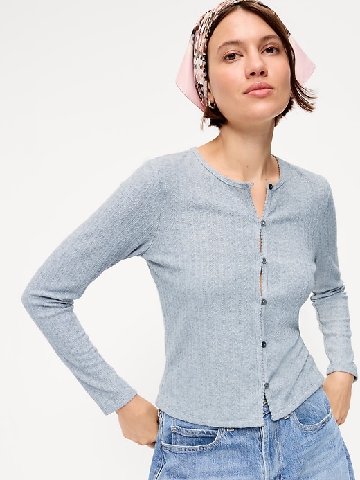Image number 3 showing, Long-Sleeve Button-Front Pointelle Top