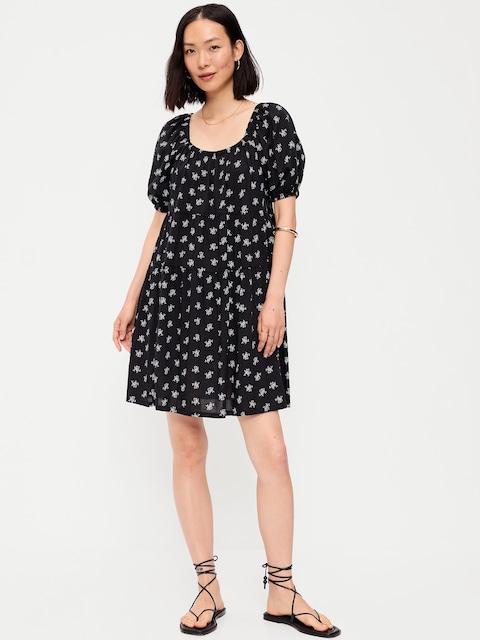 Puff-Sleeve Smocked Mini Swing Dress